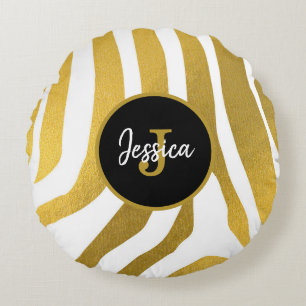 Customised Faux Gold Zebra Print Stripes Pattern Round Cushion