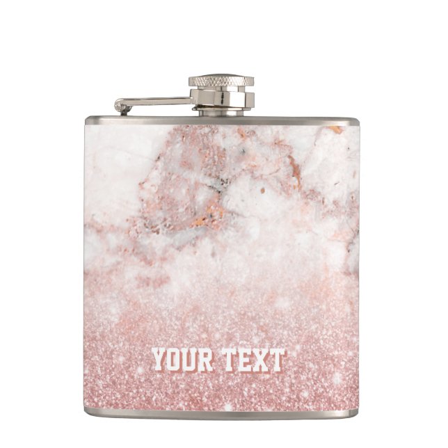 Customised Faux Rose Gold Glitter White Marble Hip Flask (Front)