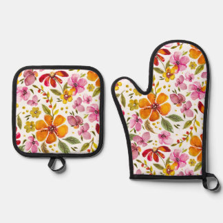 Customised Finally Spring Watercolor Floral Oven Mitt & Pot Holder Set