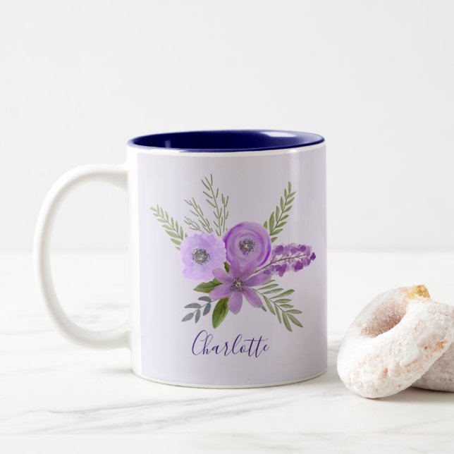 Customised Floral Violet Purple Lavender Two-Tone Coffee Mug (With Donut)