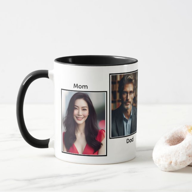 Customised Four Photo Family Collage Black Mug (With Donut)