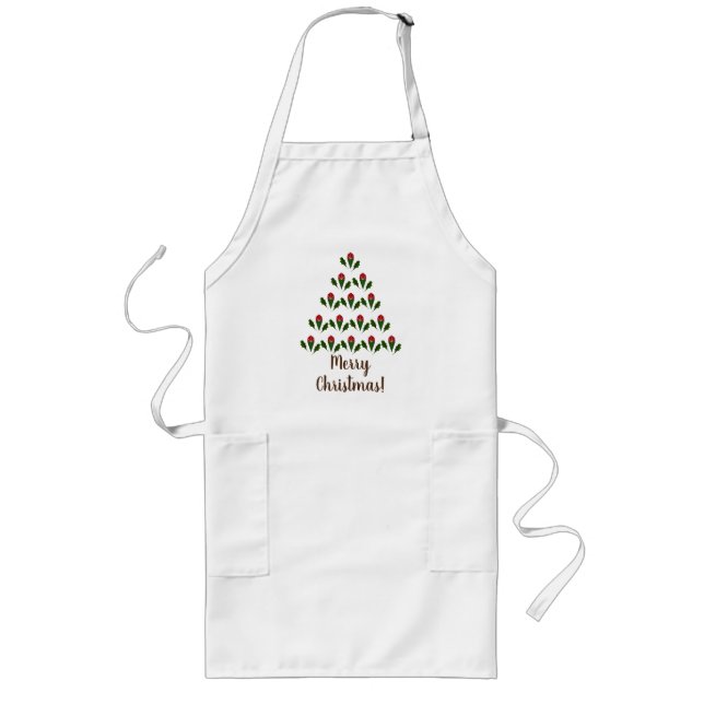 Customised Fun Red Roses, Holly Christmas Tree Long Apron (Front)