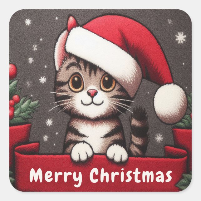 Customised Funny Christmas Mischievous Tabby Cat Square Sticker (Front)