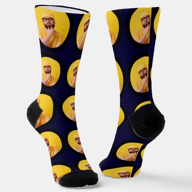 Customised Funny Face Photo Navy Blue Custom Socks (Angled)