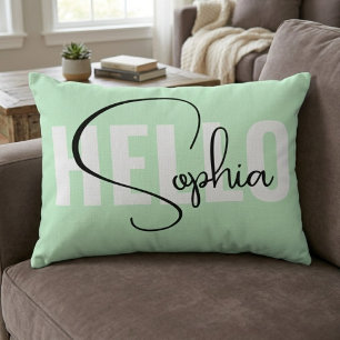 Customised Gift Hello Name Modern Pastel Mint Decorative Cushion