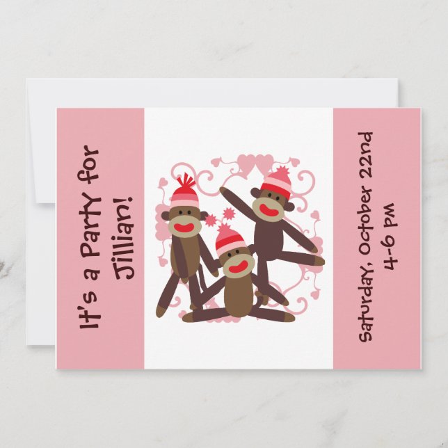 Customised Girl Sock Monkey 5x7 Invitations (Front)