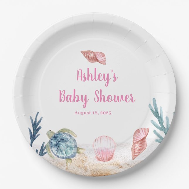 Customised Girls Sea Turtle Baby Shower     Paper Plate (Front)