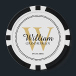 Customised Gold Monogrammed Groomsman White Poker Chips<br><div class="desc">Customised Gold Monogrammed Groomsman White Poker Chips. The dotted border is reminiscent of milgrain,  which is a jewellery-detailing technique often used for engagement and wedding rings. The colour of text,  dotted border and background may be changed.</div>