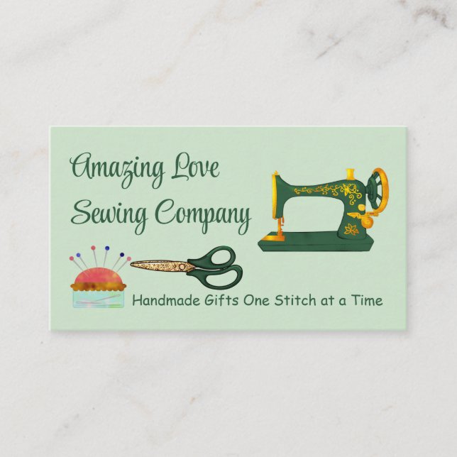 Customised Green and Gold Sewing Machine 2 Business Card (Front)