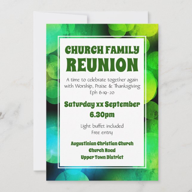 Customised Green Bokeh CHURCH FAMILY REUNION Invitation (Front)