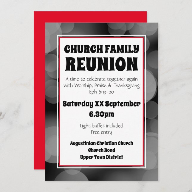 Customised Grey Bokeh CHURCH FAMILY REUNION Invitation (Front/Back)