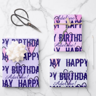 Customised Happy Birthday Pink & Purple Hearts Wrapping Paper Sheet