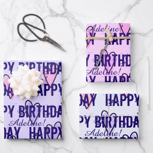 Customised Happy Birthday Pink & Purple Hearts Wrapping Paper Sheet (Front)