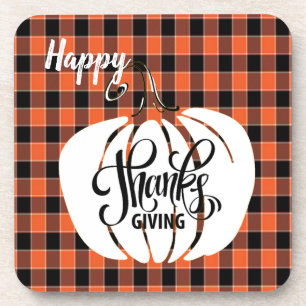 Customised HAPPY Thanksgiving Orange Buffalo Plaid Coaster