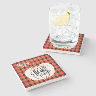 Customised HAPPY Thanksgiving Orange Buffalo Plaid Stone Coaster