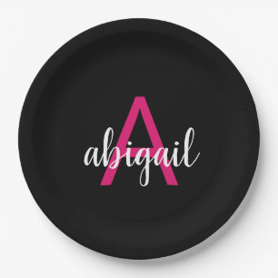 Customised Hot Pink Black Stylish Monogram Name Paper Plate