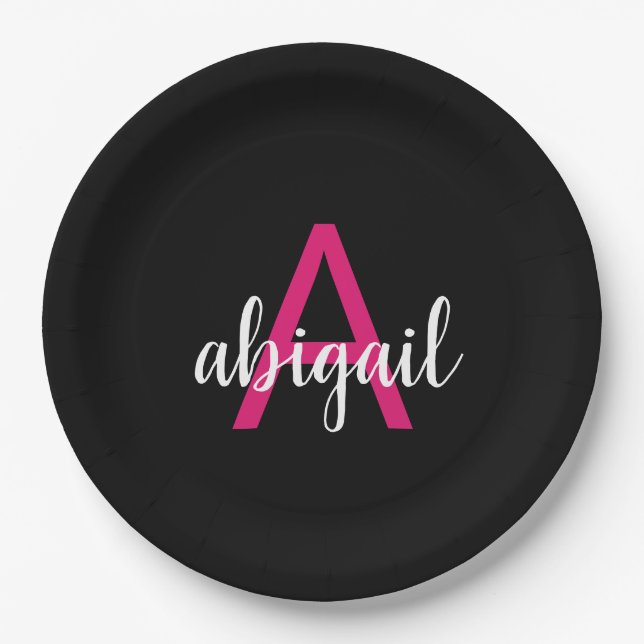 Customised Hot Pink Black Stylish Monogram Name Paper Plate (Front)