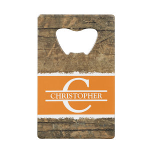 Customised initial name rustic faux wood orange