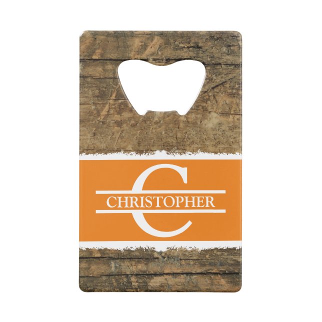 Customised initial name rustic faux wood orange (Front)