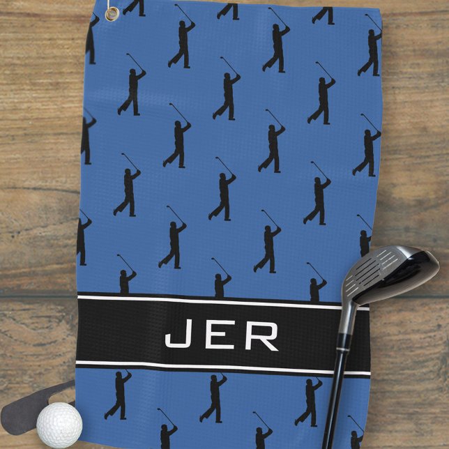 Customised Initials Golfer Black Pattern Blue Golf Towel (Customized Initials Golfer Black Pattern Blue Golf Towel)