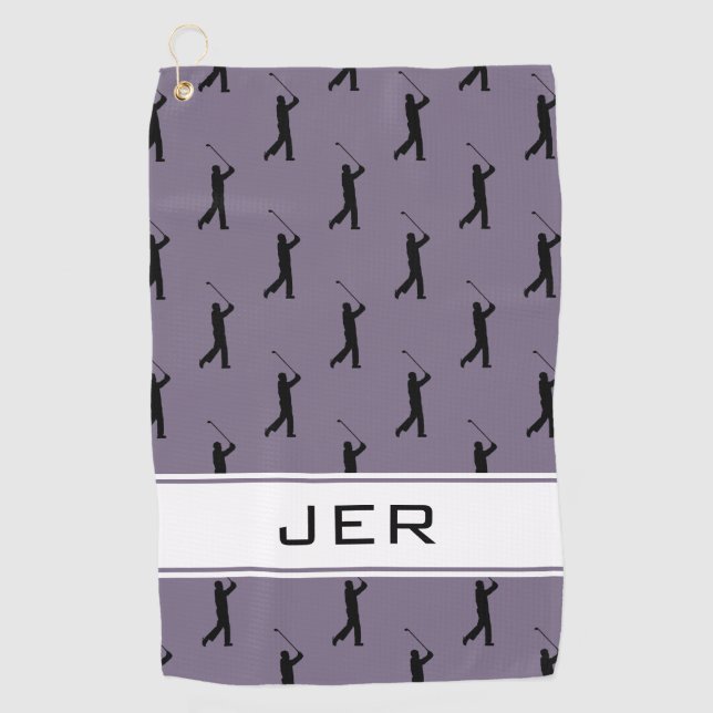 Customised Initials Golfer Pattern Purple Black Golf Towel (Front)