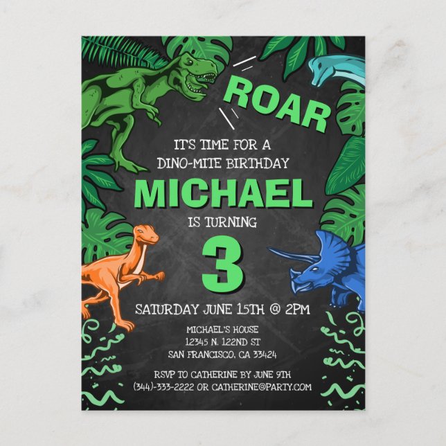 Customised Kids Three Dinosaur Birthday Party Invitation Postcard (Front)