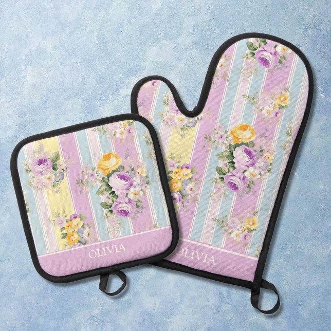 Customised Lavender Floral Striped Oven Mitt & Pot Holder Set (Creator Uploaded)