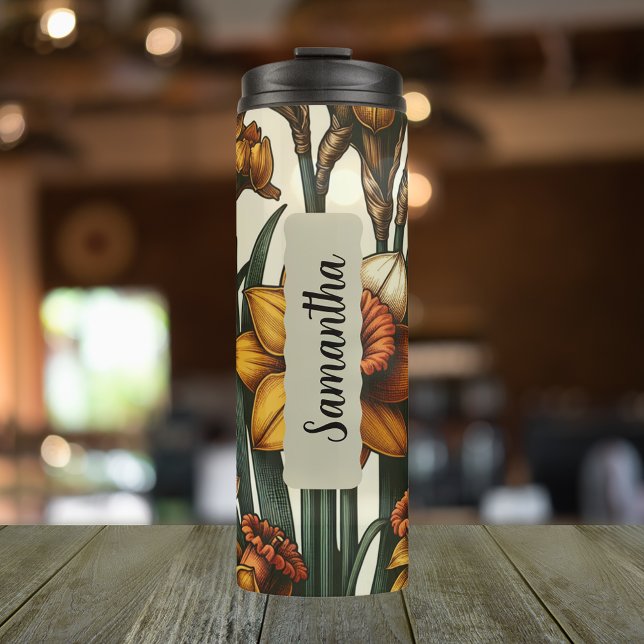 Customised March Birth Flower Skinny 16 oz Thermal Tumbler (Personalized 20 oz thermal tumbler with birth flower of the daffodil for the month of March)