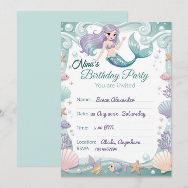 Customised Mermaid Birthday Party Invitation  (Front/Back)