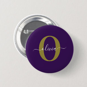 Customised Monogram Script Name Purple White Gold 6 Cm Round Badge
