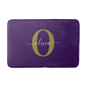 Customised Monogram Script Name Purple White Gold Bath Mat