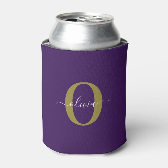 Customised Monogram Script Name Purple White Gold Can Cooler (Can Front)