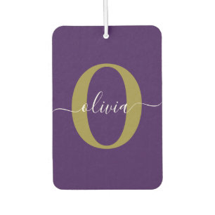 Customised Monogram Script Name Purple White Gold Car Air Freshener