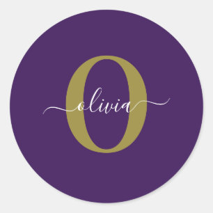 Customised Monogram Script Name Purple White Gold Classic Round Sticker
