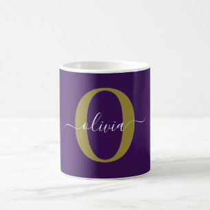 Customised Monogram Script Name Purple White Gold Coffee Mug
