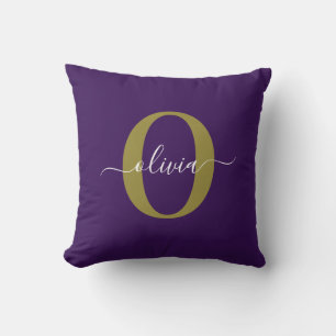 Customised Monogram Script Name Purple White Gold Cushion