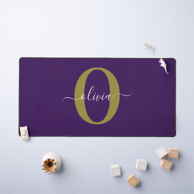 Customised Monogram Script Name Purple White Gold Desk Mat (Kids Table)
