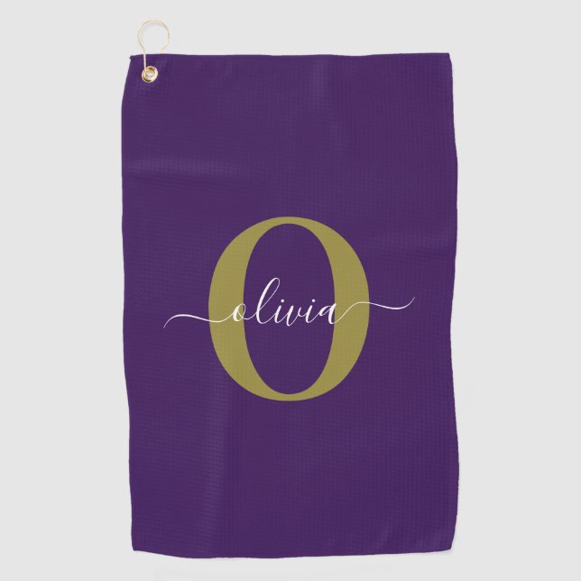 Customised Monogram Script Name Purple White Gold Golf Towel (Front)