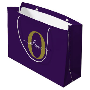 Customised Monogram Script Name Purple White Gold Large Gift Bag