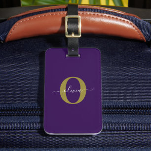 Customised Monogram Script Name Purple White Gold Luggage Tag