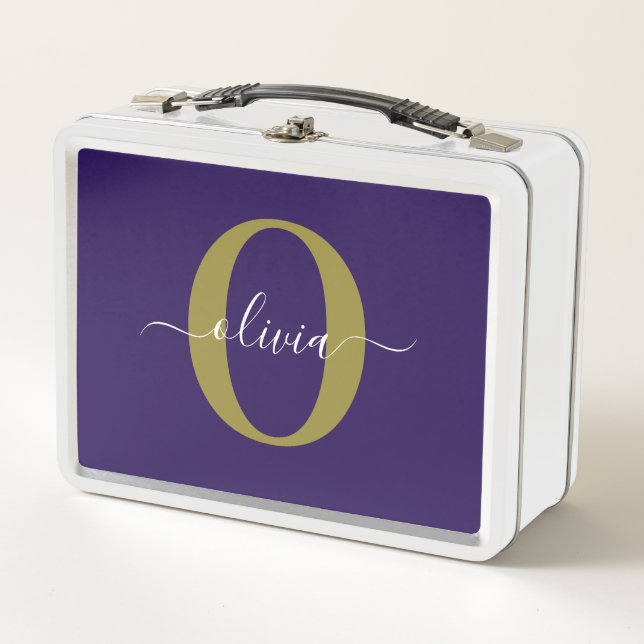 Customised Monogram Script Name Purple White Gold Metal Lunch Box (Front)