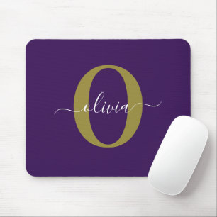 Customised Monogram Script Name Purple White Gold Mouse Mat