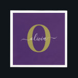 Customised Monogram Script Name Purple White Gold Napkin<br><div class="desc">This elegant monogram and stylish script name design can be given as a gift for a birthday, wedding, bridal shower, anniversary, Mother's Day or any occasion. It can be personalised with the person's initial and name. You can change the font, font colour, font size and background colour using the Design...</div>