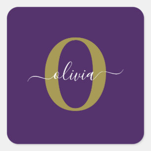 Customised Monogram Script Name Purple White Gold Square Sticker