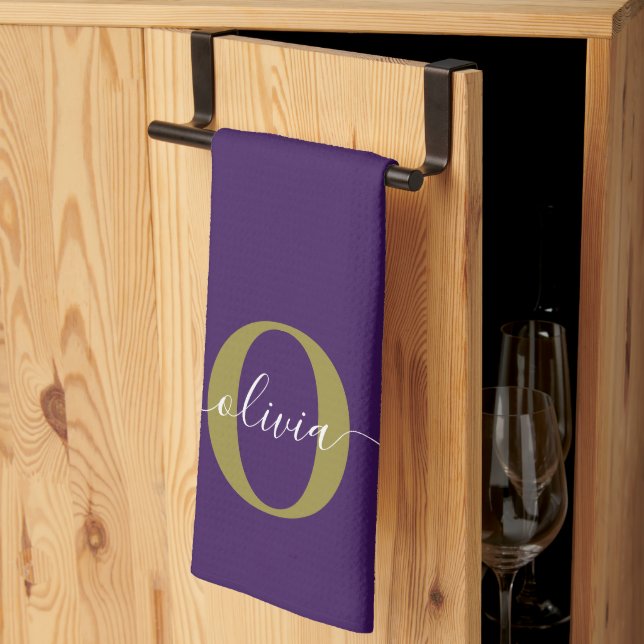Customised Monogram Script Name Purple White Gold Tea Towel (Thirds Fold)