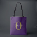 Customised Monogram Script Name Purple White Gold Tote Bag<br><div class="desc">This elegant monogram and stylish script name design can be given as a gift for a birthday, wedding, bridal shower, anniversary, Mother's Day or any occasion. It can be personalised with the person's initial and name. You can change the font, font colour, font size and background colour using the Design...</div>