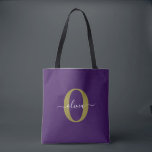 Customised Monogram Script Name Purple White Gold Tote Bag<br><div class="desc">This elegant monogram and stylish script name design can be given as a gift for a birthday, wedding, bridal shower, anniversary, Mother's Day or any occasion. It can be personalised with the person's initial and name. You can change the font, font colour, font size and background colour using the Design...</div>