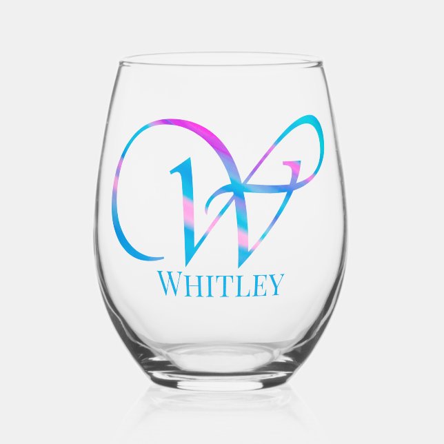 Customised Monogram "W" Name Abstract Spring Blue Stemless Wine Glass (Front)