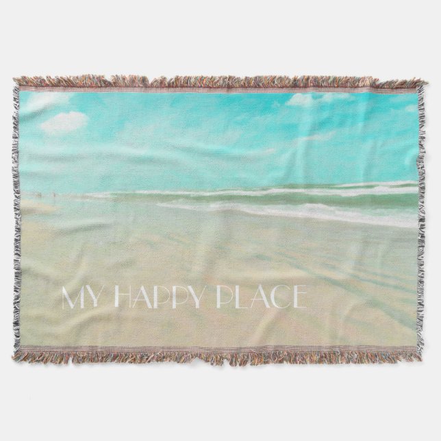 Customised My Happy Place Beach Seascape Throw Blanket (Front)