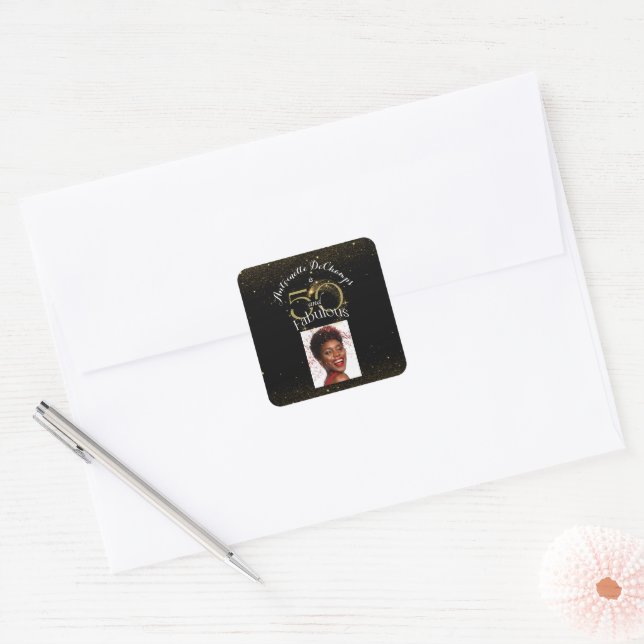 Customised Name 50 and Fabulous Classy Black Gold Square Sticker (Envelope)